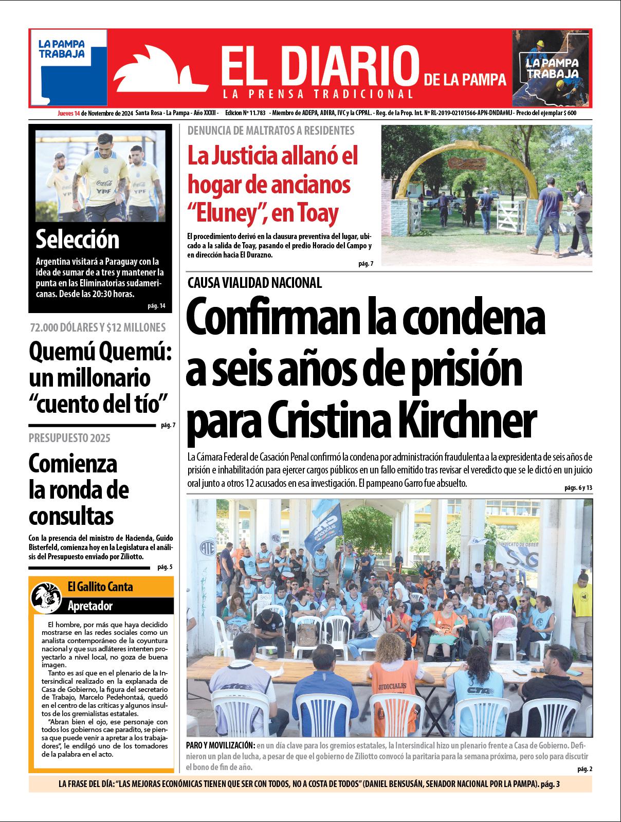 Tapa de El Diario en papel  jueves 14 de noviembre de 2024